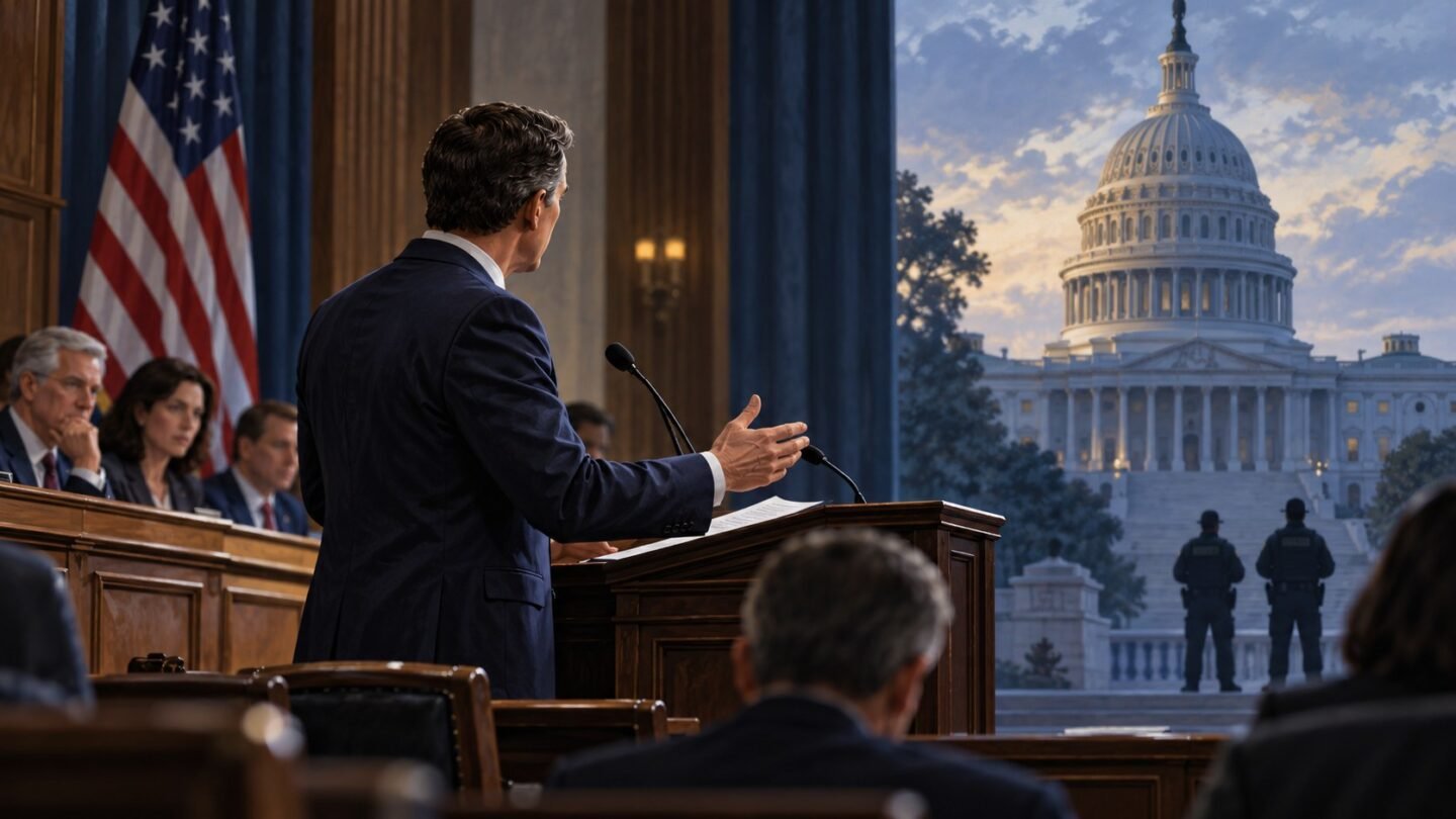 Editorial illustration of a congressional hearing with the U.S. Capitol and federal officers in the background