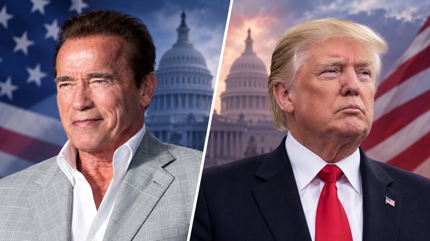 AI-assisted editorial illustration showing Arnold Schwarzenegger and Donald Trump in separate panels with the U.S. Capitol in the background.