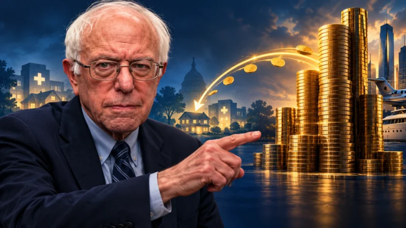 Bernie Sanders wealth tax editorial illustration showing the senator against a dark background
