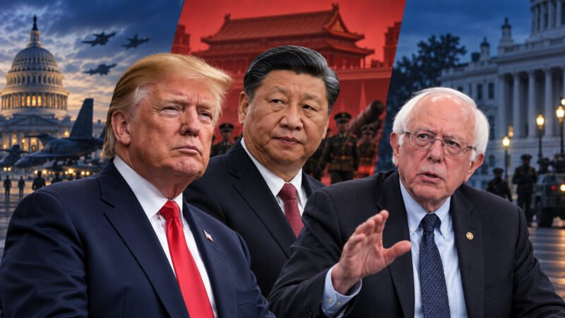 AI-assisted editorial illustration of Donald Trump, Xi Jinping and Bernie Sanders in a dispute over a reported Trump China arms offer.