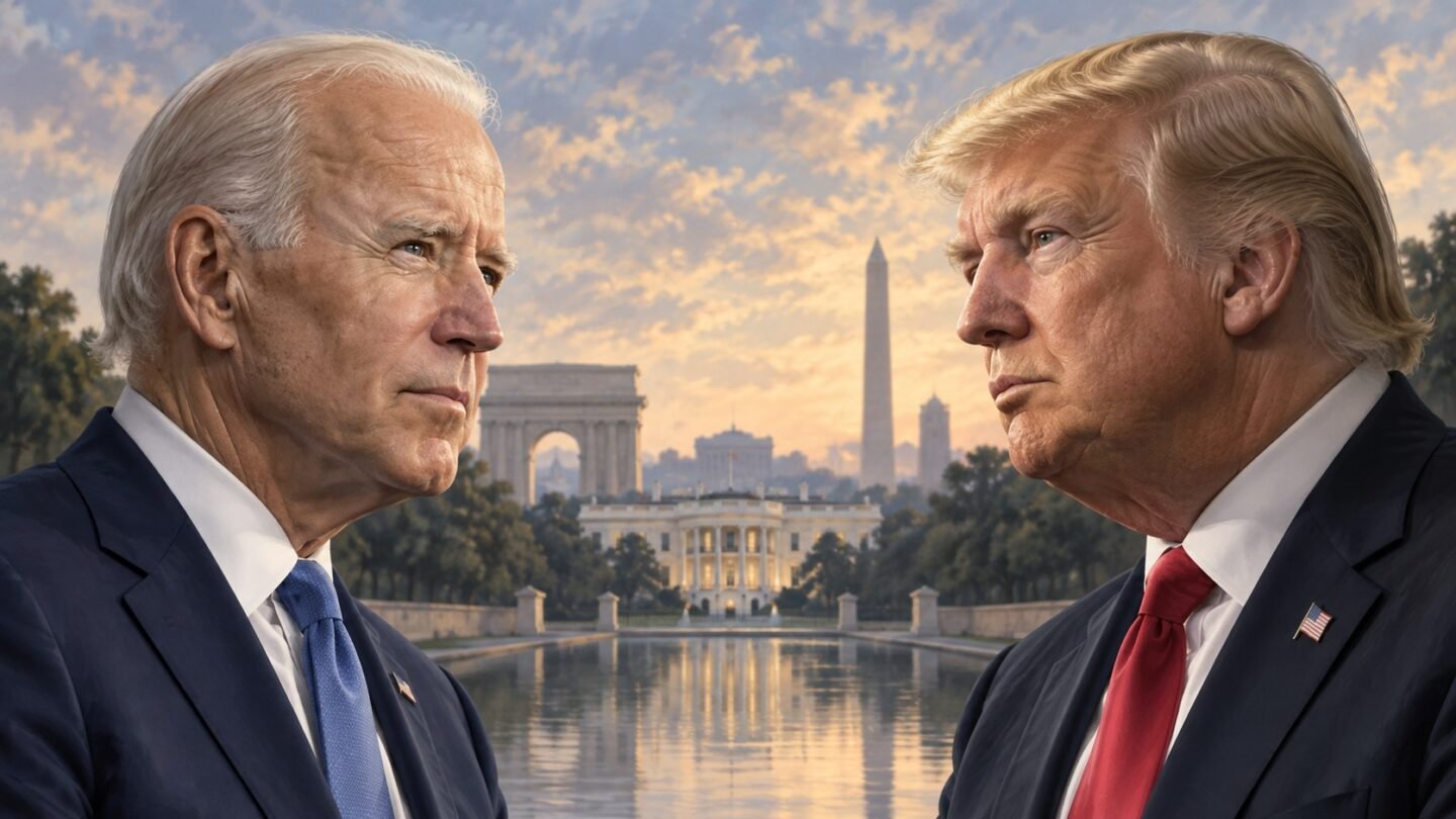 Joe Biden and Donald Trump facing each other with Washington landmarks in the background