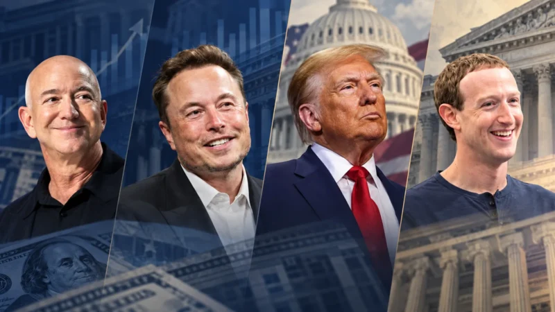 Editorial illustration showing separate portraits of Jeff Bezos, Elon Musk, Donald Trump and Mark Zuckerberg against financial and government imagery.
