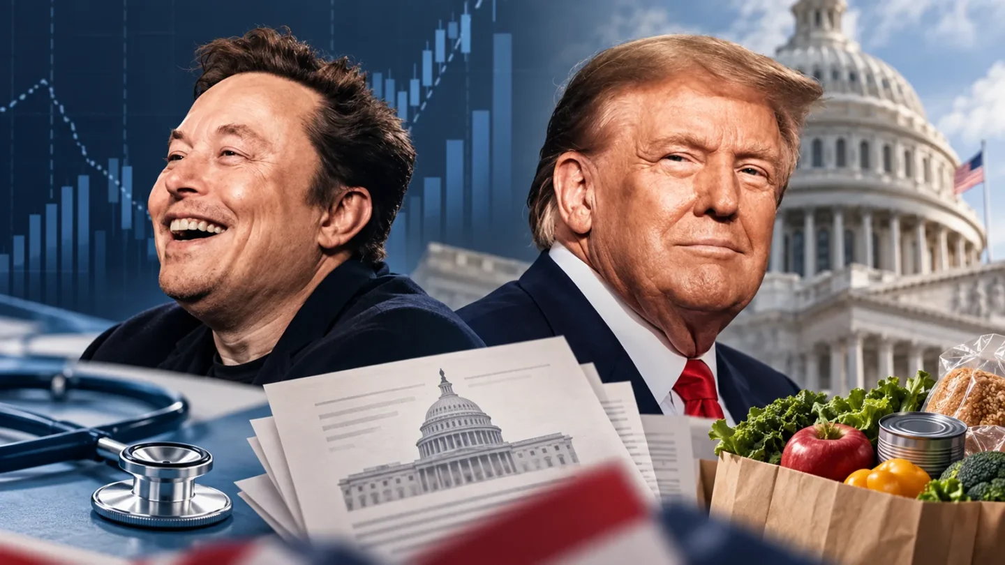 Separate illustrated portraits of Elon Musk and Donald Trump with U.S. Capitol, healthcare and grocery imagery representing the tax and spending debate.