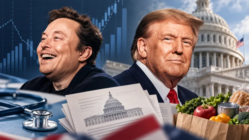 Separate illustrated portraits of Elon Musk and Donald Trump with U.S. Capitol, healthcare and grocery imagery representing the tax and spending debate.