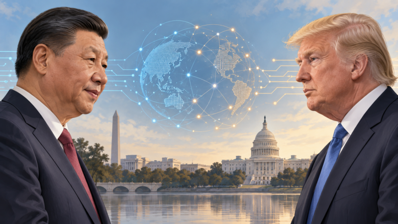 Editorial illustration representing U.S.-China discussions about artificial intelligence governance.