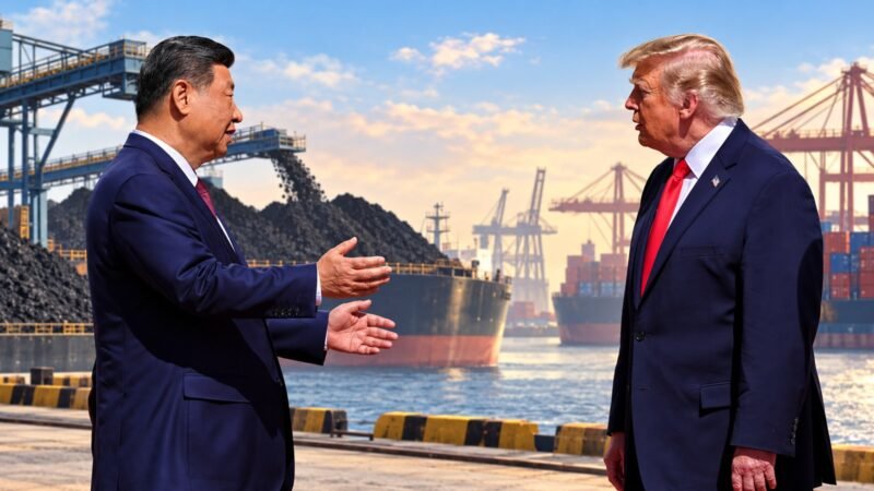 Editorial illustration of Xi Jinping and Donald Trump with coal and cargo ships at a port.