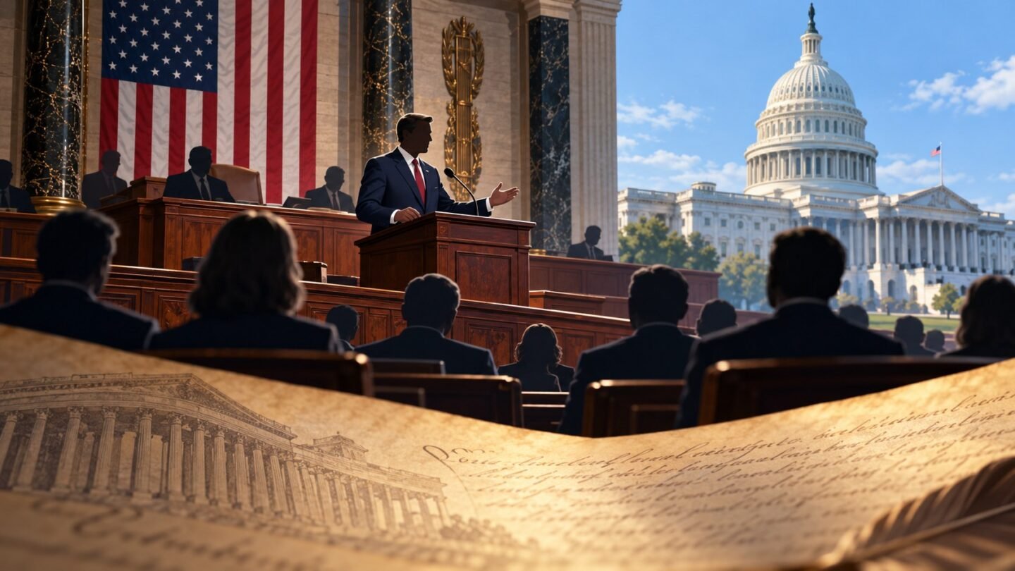Editorial illustration of a lawmaker speaking in Congress with the U.S. Capitol in the background