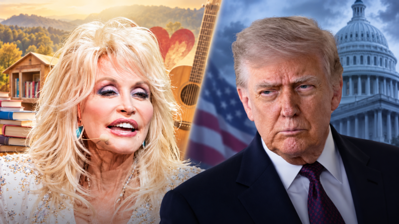 AI-assisted editorial illustration showing Dolly Parton and Donald Trump in separate visual areas.