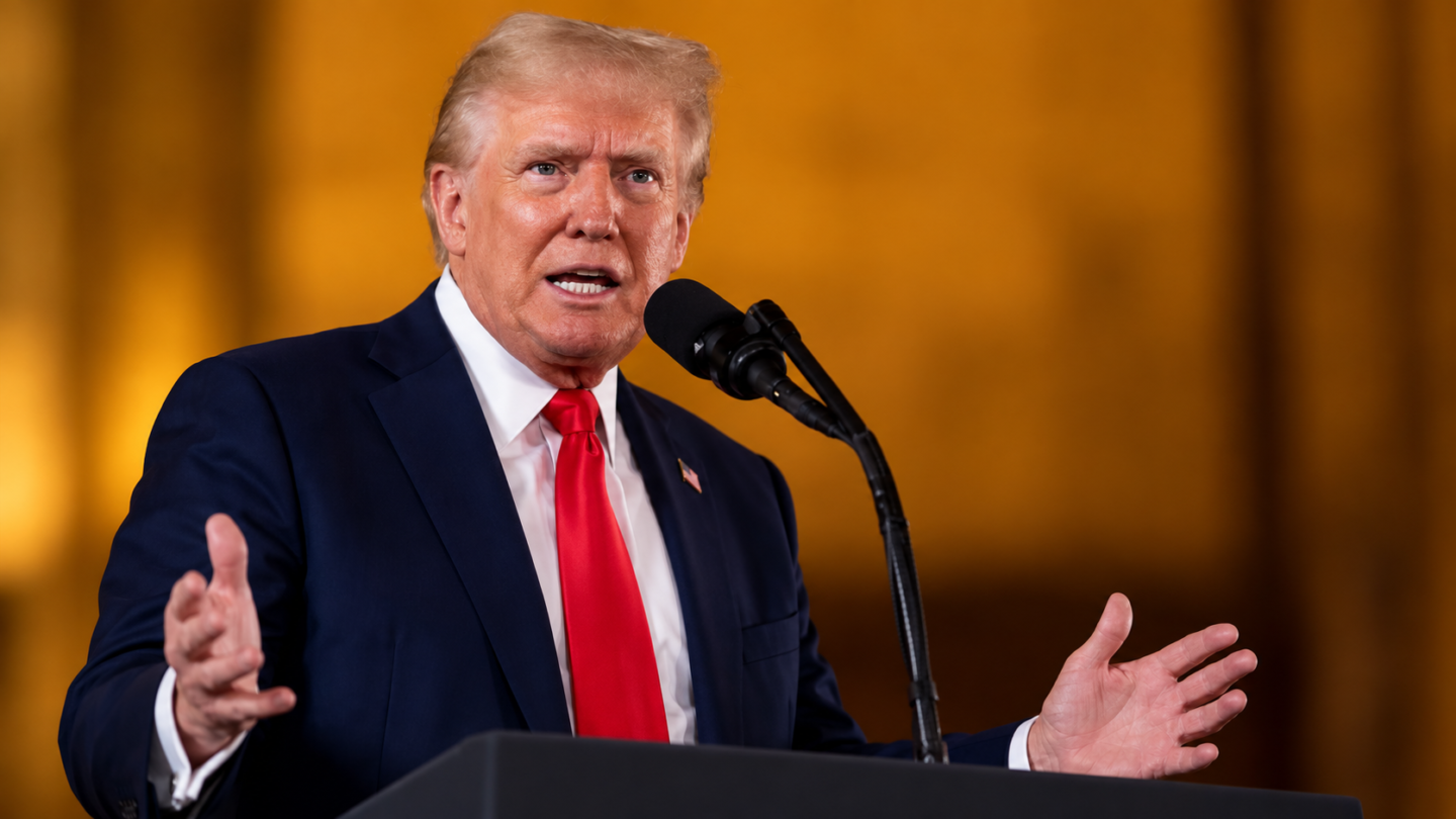 Donald Trump speaking at a lectern as his New York felony conviction remains under appeal