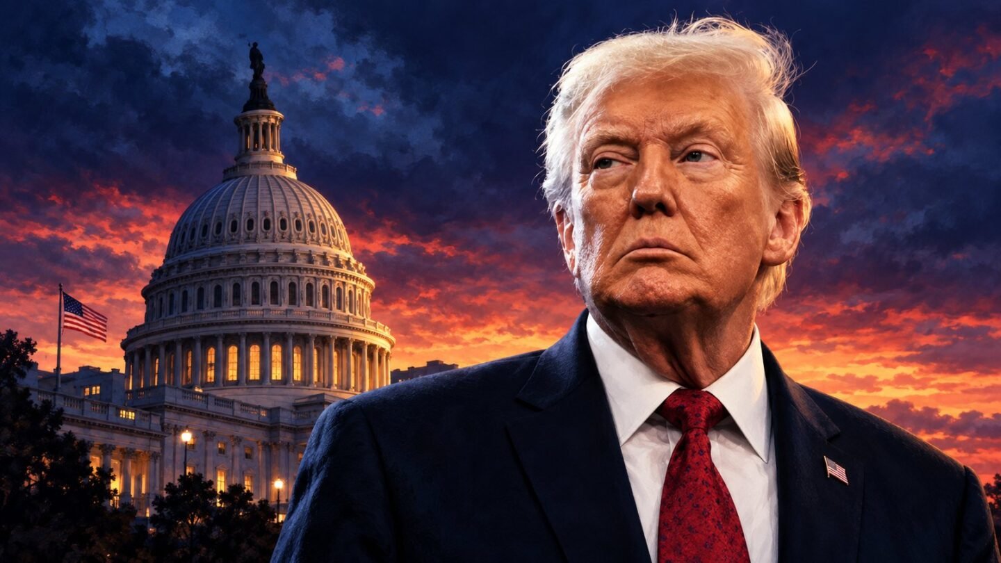 Editorial illustration of Donald Trump in front of the U.S. Capitol at dusk.
