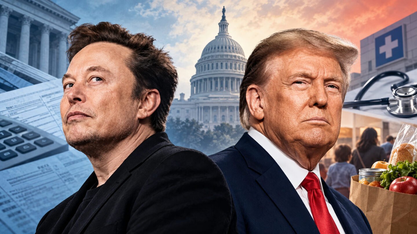 Donald Trump and Elon Musk in an editorial illustration about the 2025 tax and spending law