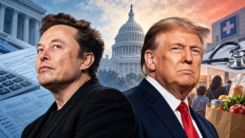 Donald Trump and Elon Musk in an editorial illustration about the 2025 tax and spending law