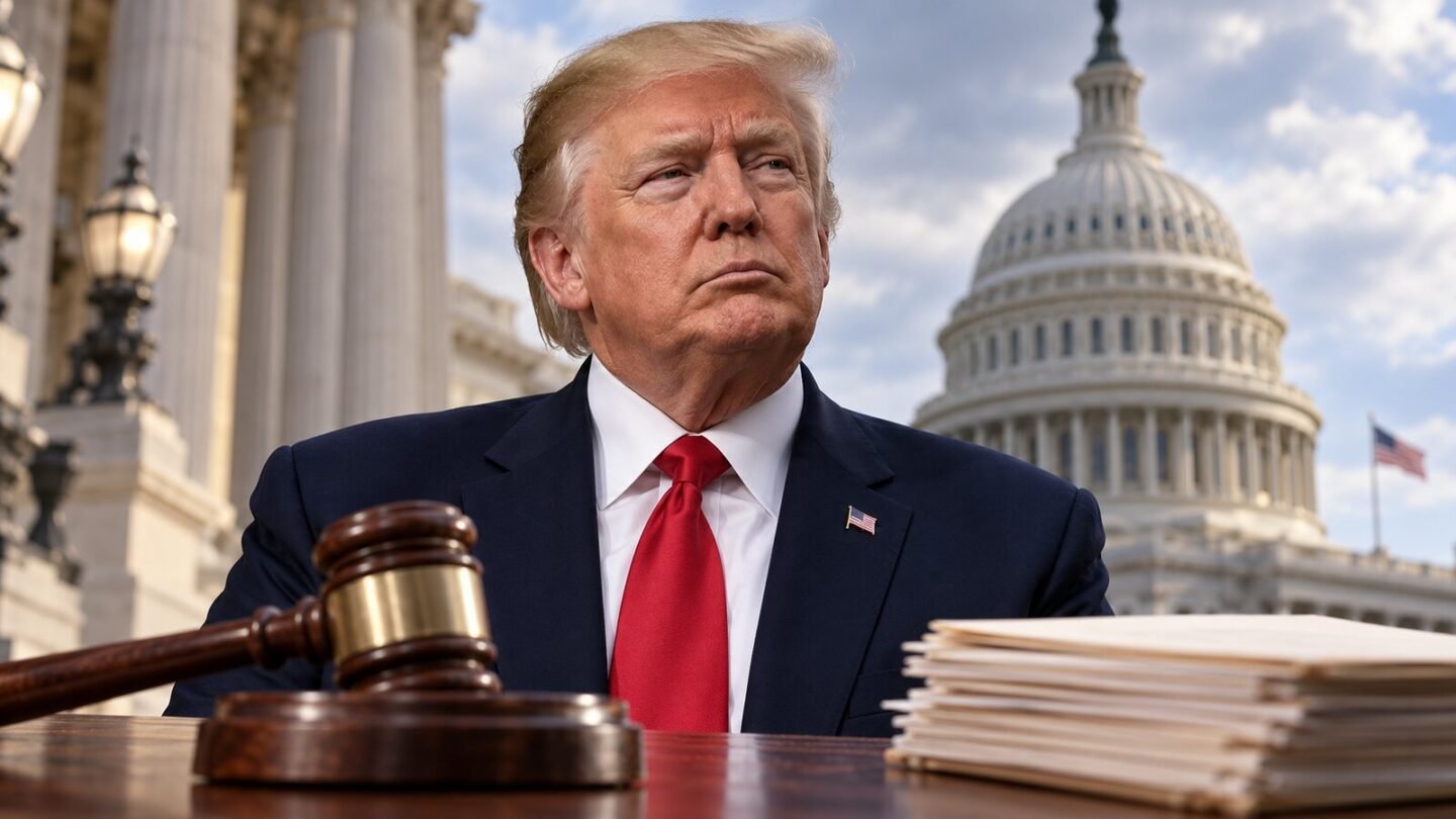 AI-assisted editorial illustration of Donald Trump at the U.S. Capitol with a symbolic gavel representing the Trump impeachment resolution.