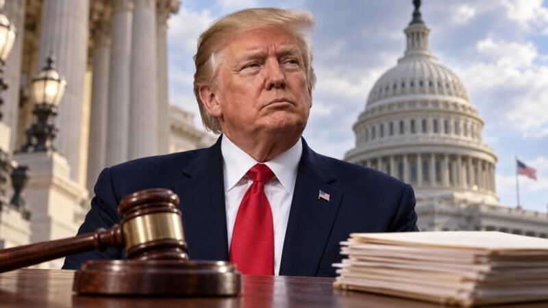 AI-assisted editorial illustration of Donald Trump at the U.S. Capitol with a symbolic gavel representing the Trump impeachment resolution.