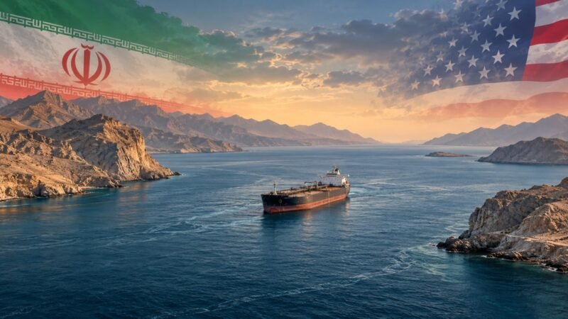 AI-assisted editorial illustration of a tanker in the Strait of Hormuz with separate U.S. and Iranian flag motifs.