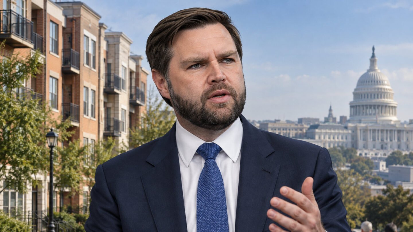 AI-assisted editorial illustration of JD Vance beside housing and the U.S. Capitol for a story examining the Vance deportation claim.