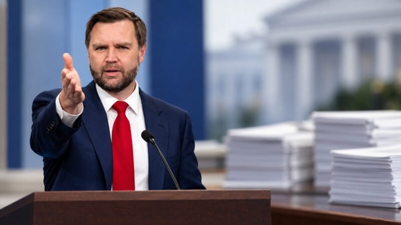 JD Vance speaking beside papers in an AI-assisted illustration for a Vance jobs claim fact check