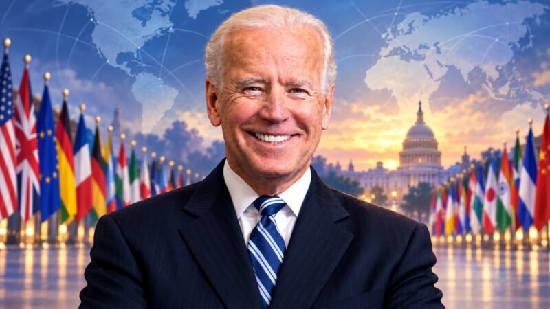 Editorial illustration of Joe Biden in front of international flags and a world map.