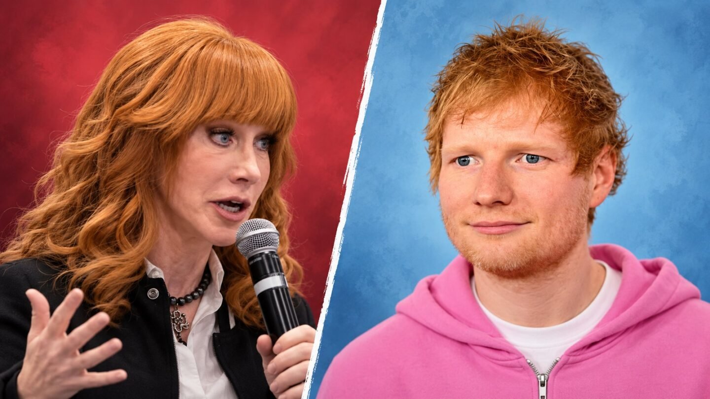 Editorial illustration showing Kathy Griffin speaking into a microphone beside a separate portrait of Ed Sheeran.