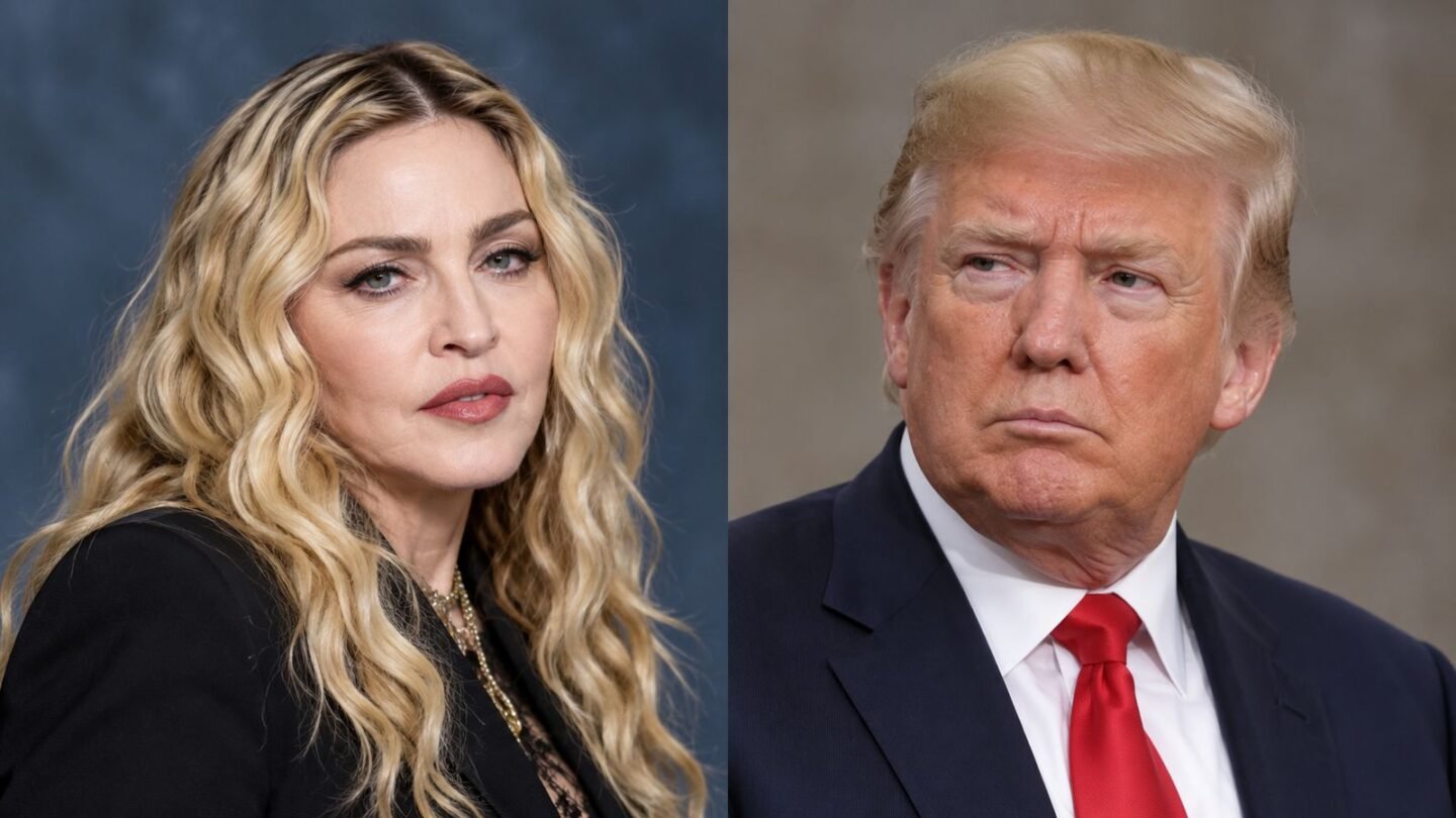 Madonna and Donald Trump in a split editorial illustration for a Madonna Trump quote fact check