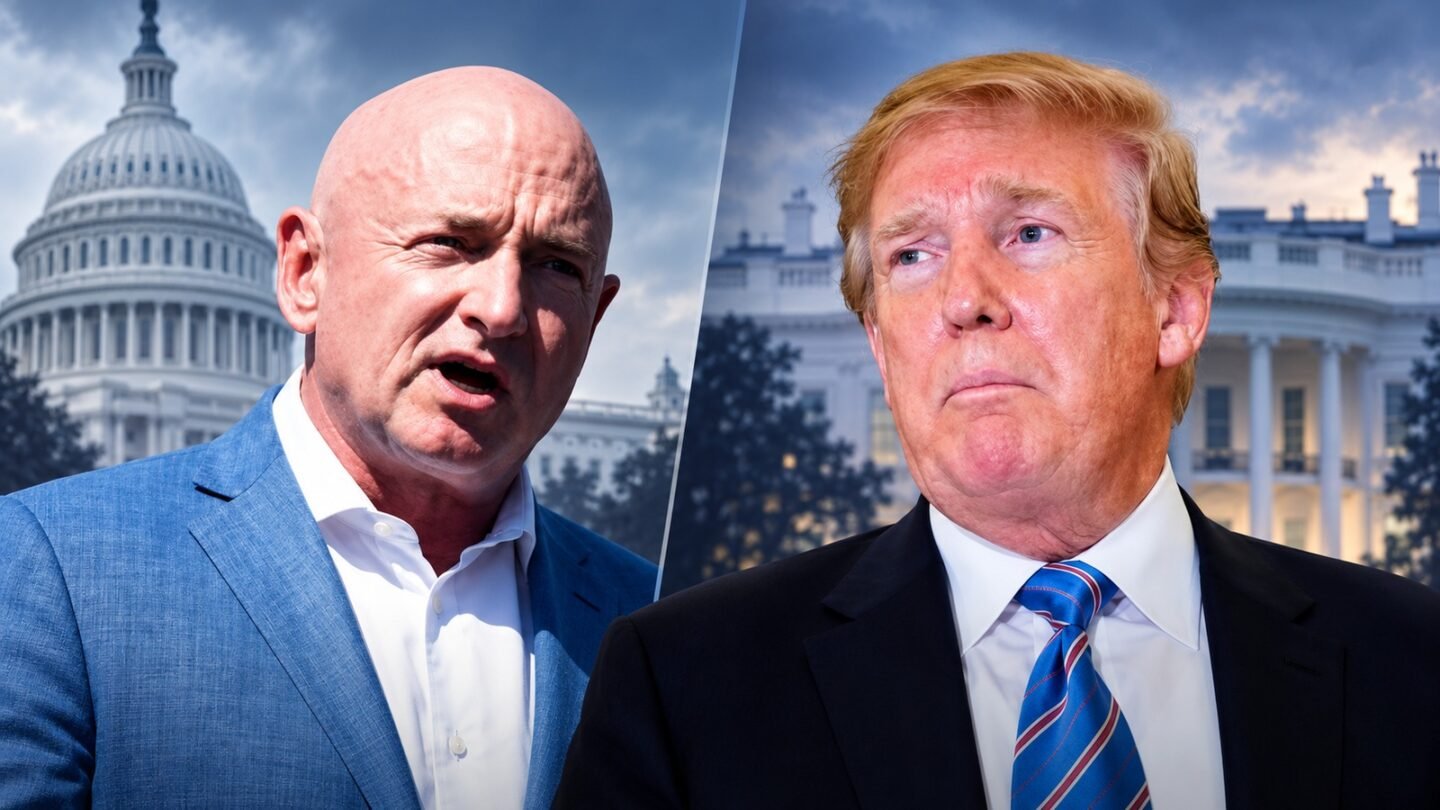 AI-assisted editorial illustration showing Mark Kelly and Donald Trump in separate panels representing their policy disagreement.