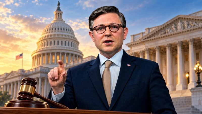 AI-assisted editorial illustration of Mike Johnson with the U.S. Capitol and a gavel, representing the House Speaker election.