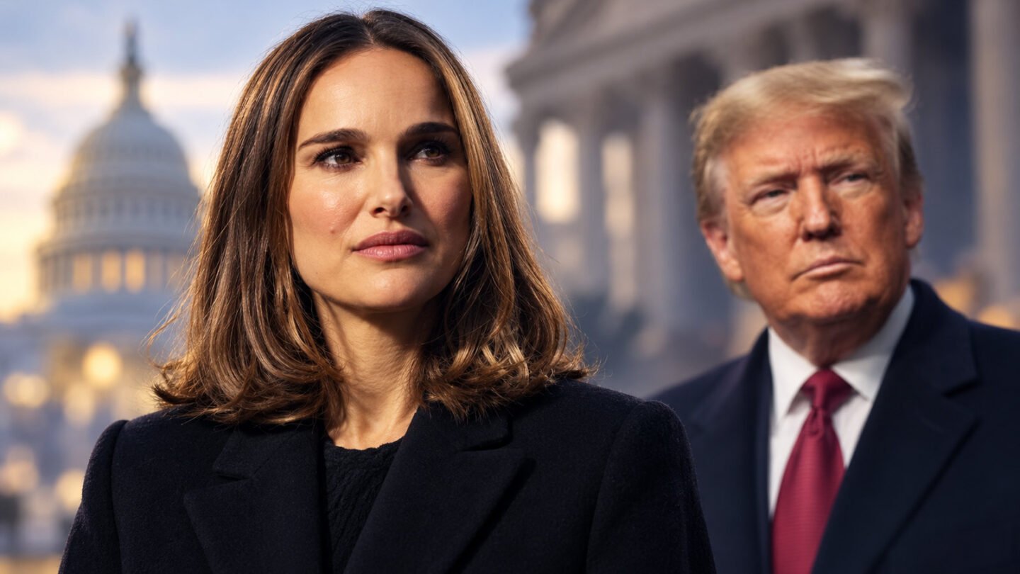 Natalie Portman on ICE editorial illustration with Donald Trump in a separate background portrait