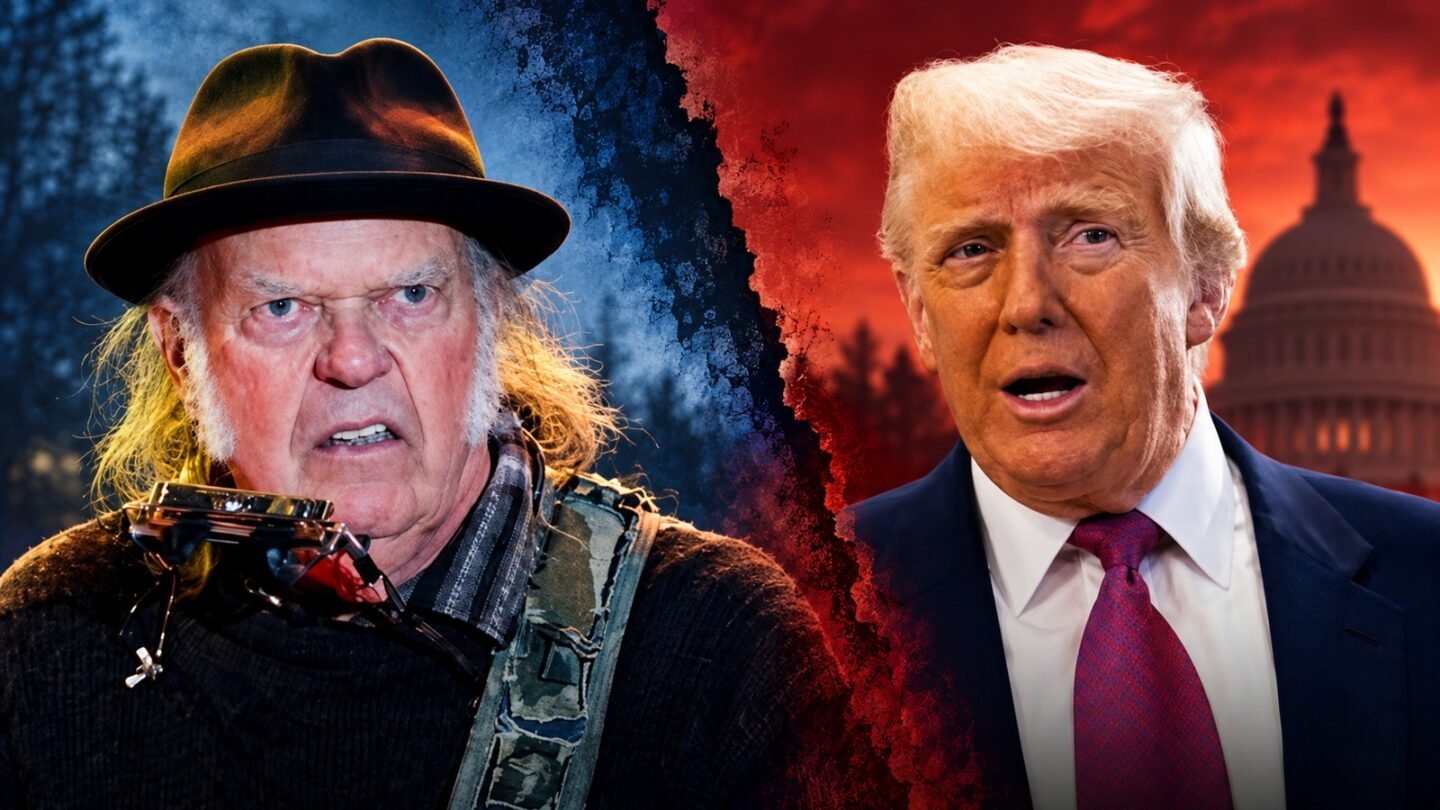 AI-assisted editorial illustration showing Neil Young and Donald Trump in separate visual areas.