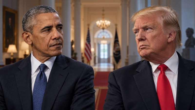Barack Obama and Donald Trump pictured facing one another in a White House setting
