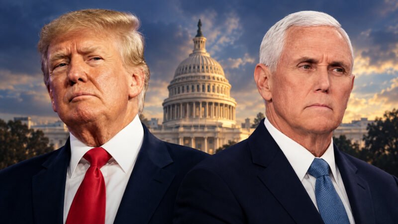 January 6 pardons editorial illustration showing Donald Trump and Mike Pence with the U.S. Capitol