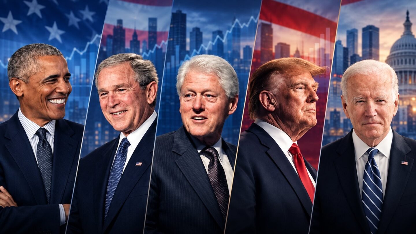 AI-assisted editorial illustration of Barack Obama, George W. Bush, Bill Clinton, Donald Trump and Joe Biden in separate panels against economic chart and city backgrounds.
