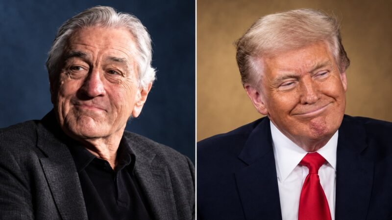 Editorial illustration showing Robert De Niro and Donald Trump in separate panels
