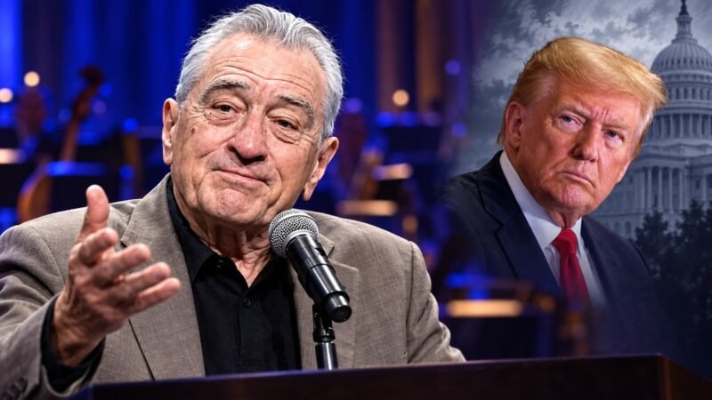 Editorial illustration of Robert De Niro speaking at a microphone, with Donald Trump shown separately in the background.