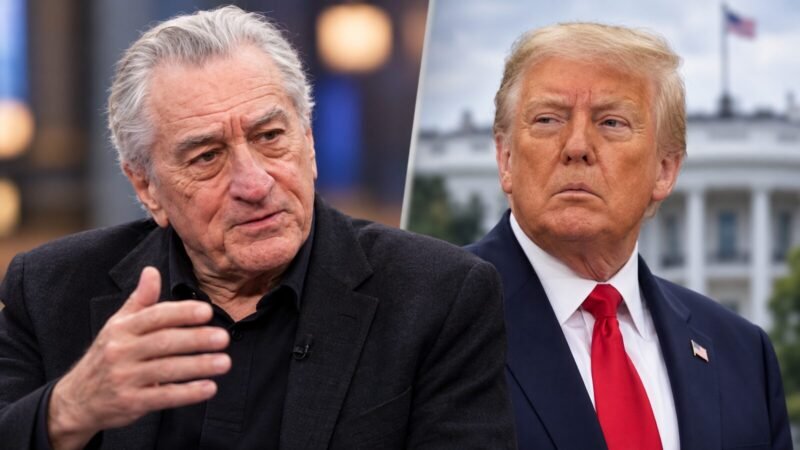 Robert De Niro criticizes Trump in an AI-assisted editorial illustration with separate portraits of De Niro and President Donald Trump.