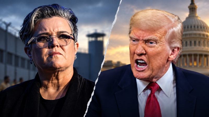 AI-assisted editorial illustration showing Rosie O’Donnell and Donald Trump in separate panels.