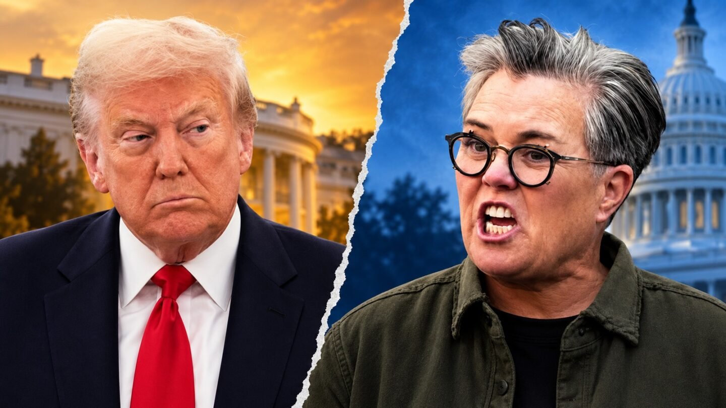 AI-assisted editorial illustration showing Rosie O’Donnell and Donald Trump in separate visual areas.