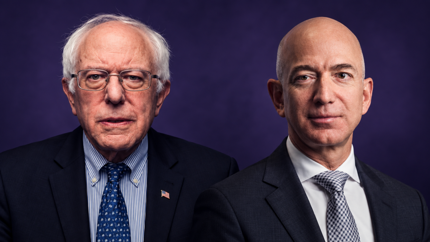 Bernie Sanders and Jeff Bezos in separate portraits illustrating a proposed billionaire wealth tax