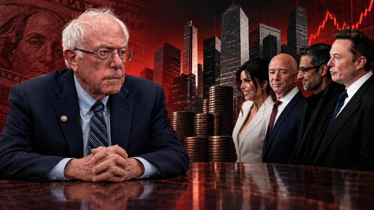 Bernie Sanders and U.S. billionaires in an editorial illustration about a proposed wealth tax