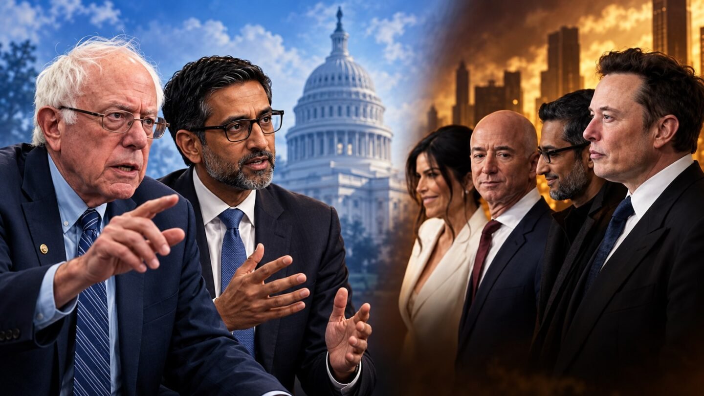 AI-assisted editorial illustration of Bernie Sanders and Ro Khanna, with billionaire figures in a separate visual area.