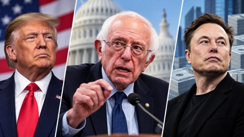 Editorial illustration showing Bernie Sanders, Donald Trump and Elon Musk in separate portrait panels about election spending.
