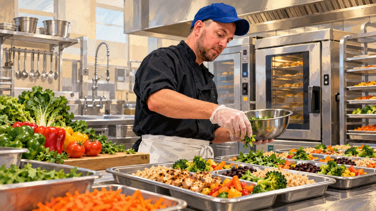 Cafeteria worker preparing scratch-cooked school meals in an illustrated school kitchen