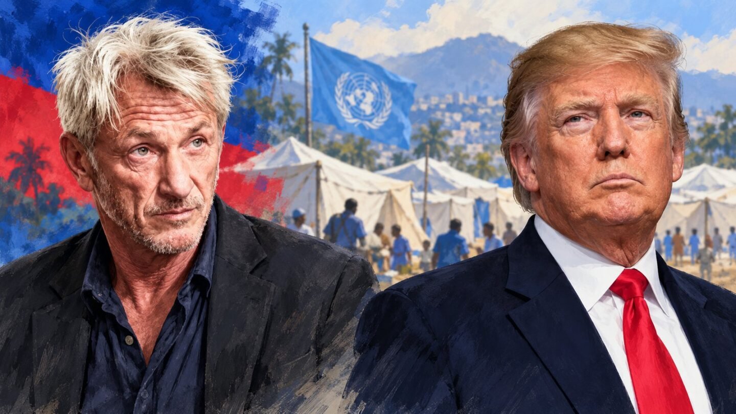 Editorial illustration showing Sean Penn and Donald Trump as separate portrait subjects.