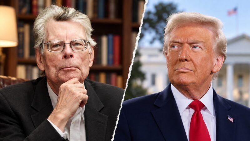 Stephen King criticizes Trump in an AI-assisted editorial illustration with separated portraits of King and Donald Trump.