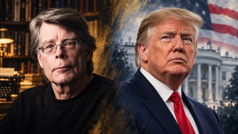 Editorial illustration of Stephen King and Donald Trump, shown side by side.