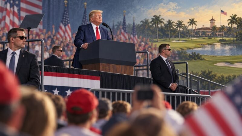 Editorial illustration of Donald Trump at a campaign rally with a golf course in the background