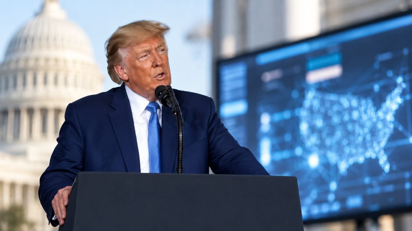 Donald Trump at a lectern beside an abstract digital display, illustrating the America.gov AI portal launch
