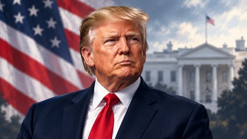 Editorial illustration of Donald Trump in front of the White House and an American flag.