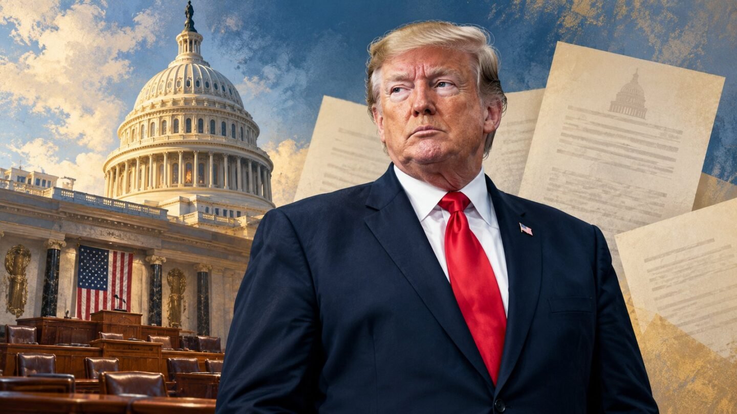 Trump impeachment editorial illustration showing President Trump, the Capitol and congressional documents