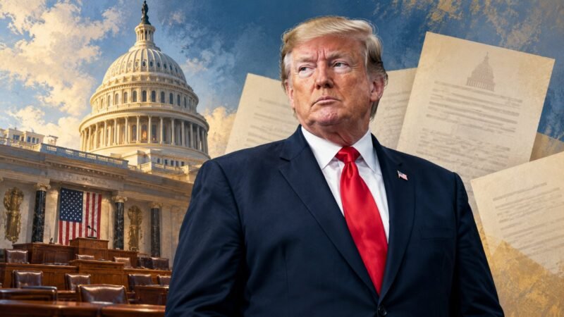 Trump impeachment editorial illustration showing President Trump, the Capitol and congressional documents