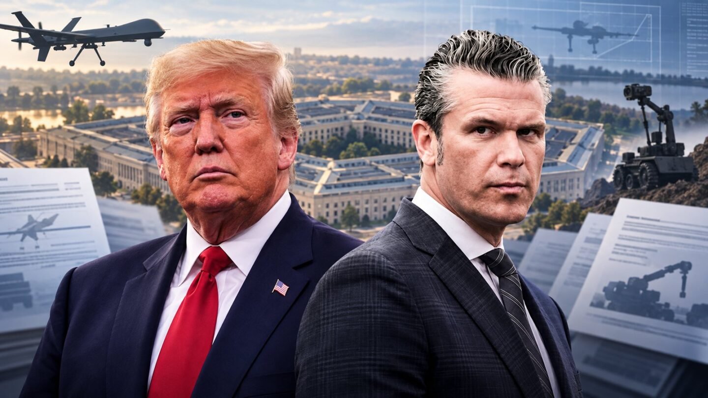 Editorial illustration of Donald Trump and Pete Hegseth in front of the Pentagon.